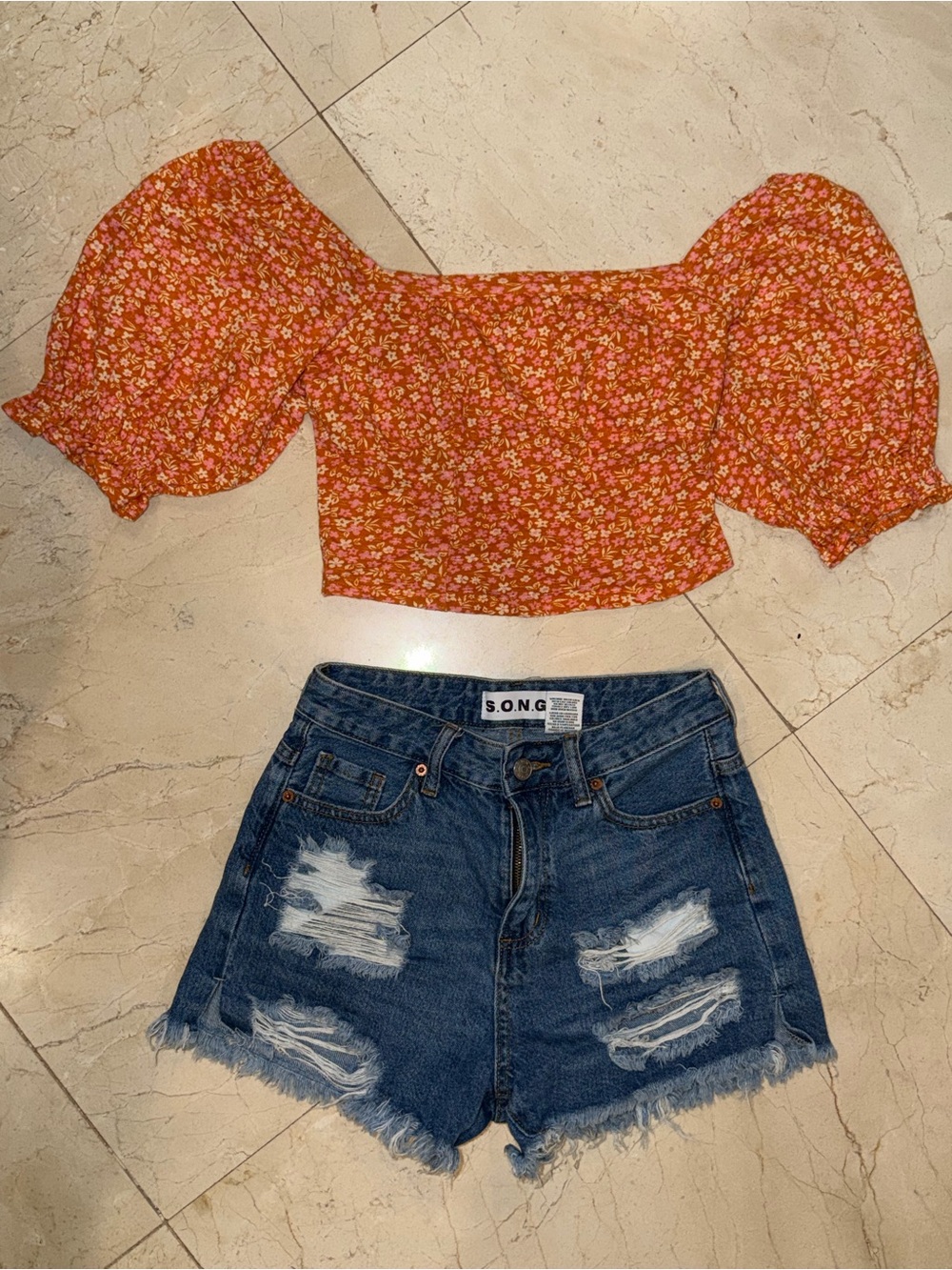 Billabong boho bohemian Floral Puff-Sleeve Crop Top - Orange small